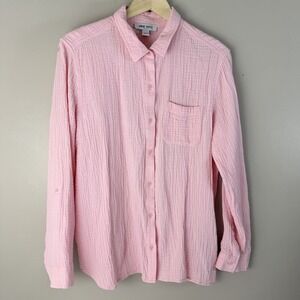 Nine West Pink Textured Cotton Button Down Blouse Size Large Cottagecore